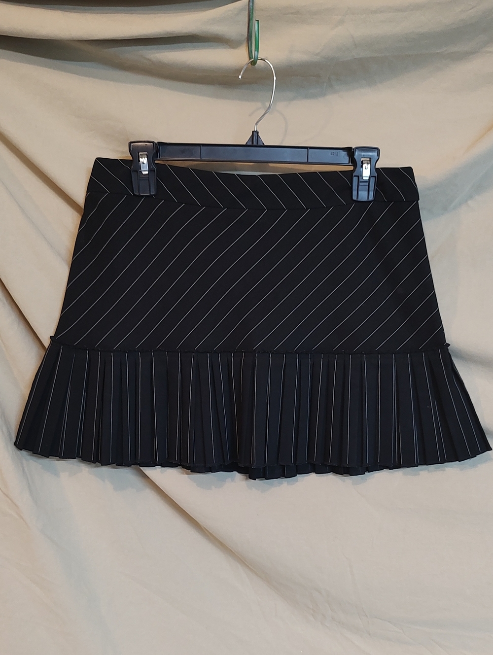 First Crush black pinstripe drop-waist pleated mini skirt